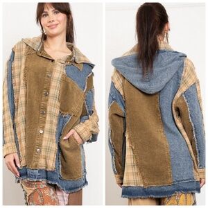 Blue Velvet Patchwork denim & corduroy hooded shacket